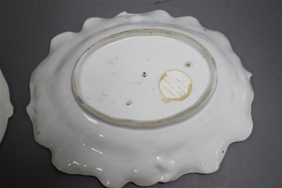 A Chelsea red anchor period vine leaf moulded dish, c.1755 and a Chelsea gold anchor bird and flower painted octagonal plate, c.1765, 2